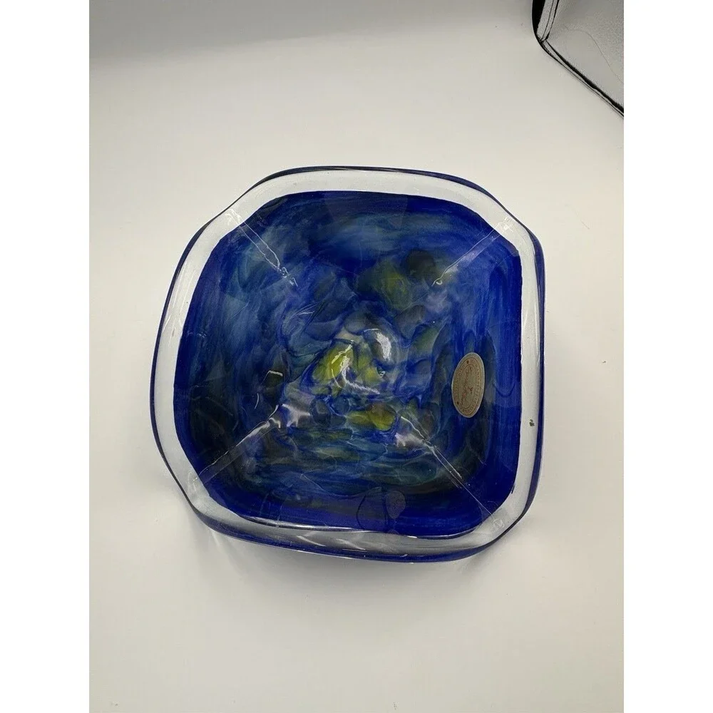 Murano Style Hand Blown Blue Green Swirl Art Glass Bowl Vtg Crystal Clear Italy